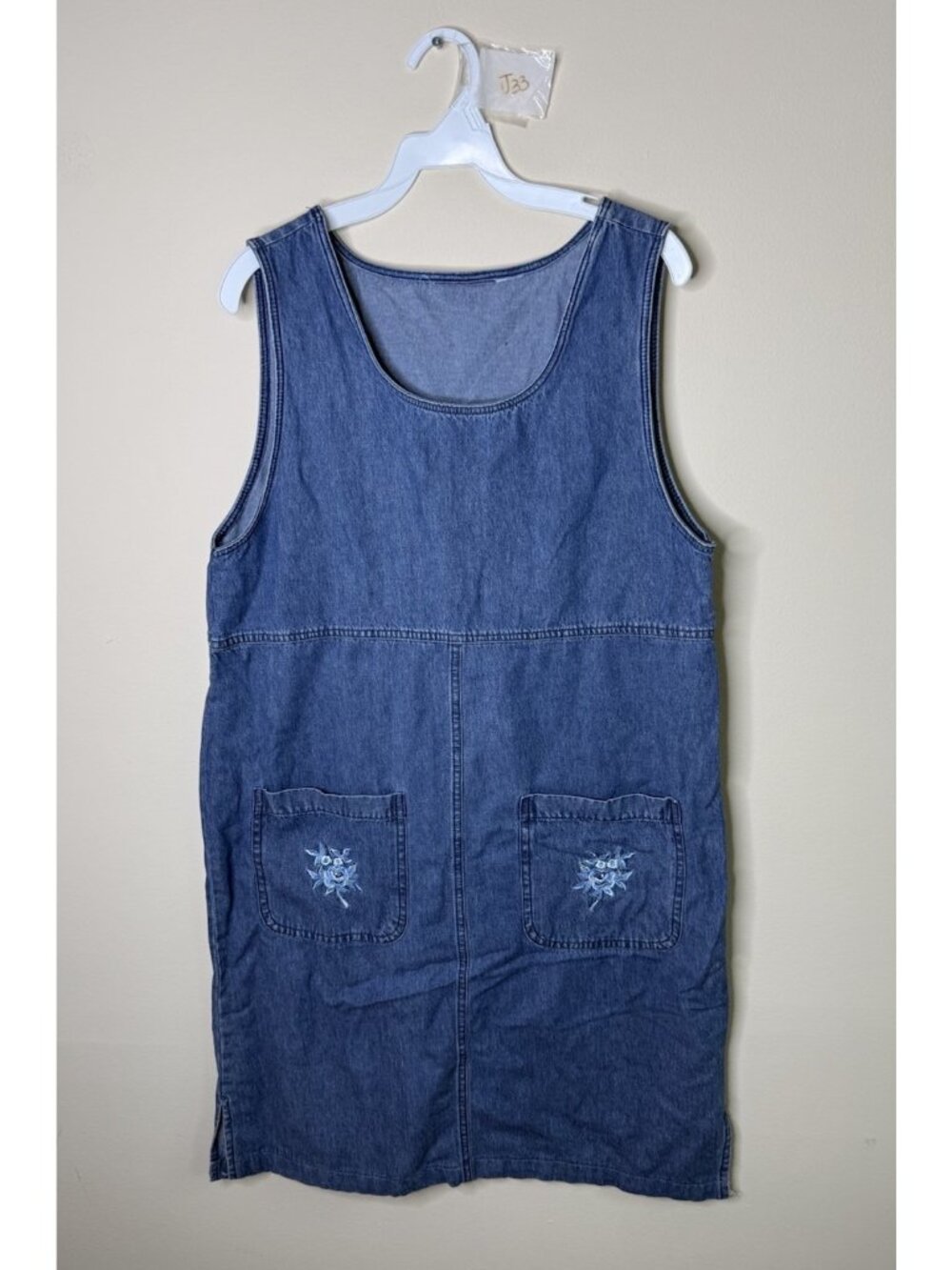 Vintage 90s Dress Denim Jean Jumper Overalls Floral Embroidered
